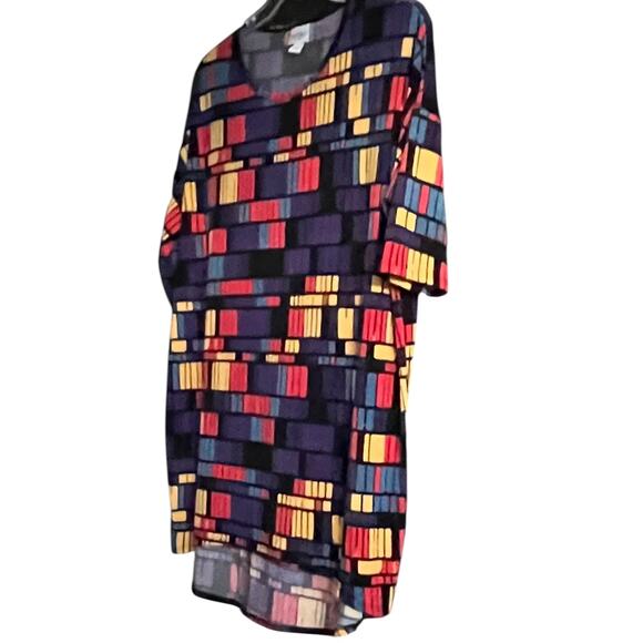 LULAROE SHORT SLV HI-LOW PULL-OVER RND NECK BLOUSE, WOMENS, M-YELL BLUE ORG PURP - Picture 3 of 11